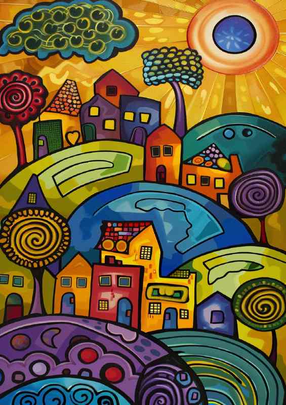 Abstract houses in colours on the swirly hill | Canvas