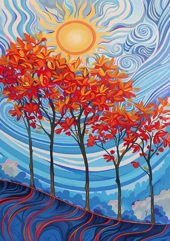 Beautiful autumn trees and glowing sun | Metal Poster