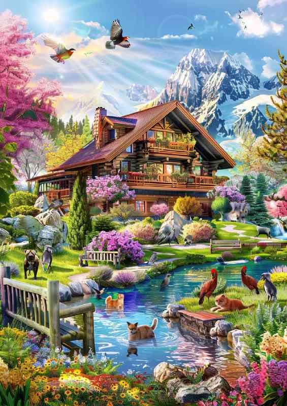 Beautiful house in the mountains with flowers | Poster