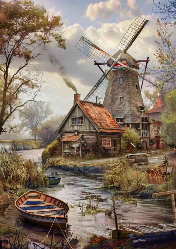 Beautiful old windmill by the river with boats | Poster