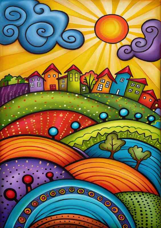 Colourful hills and the village houses | Metal Poster