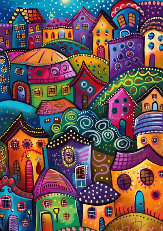 Crazy whimsical fantasy village | Canvas