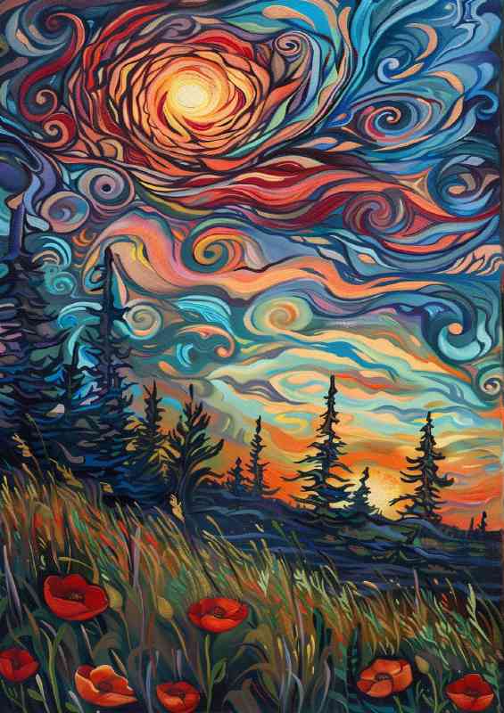 Field of trees at sunset swirling sky and sun | Canvas