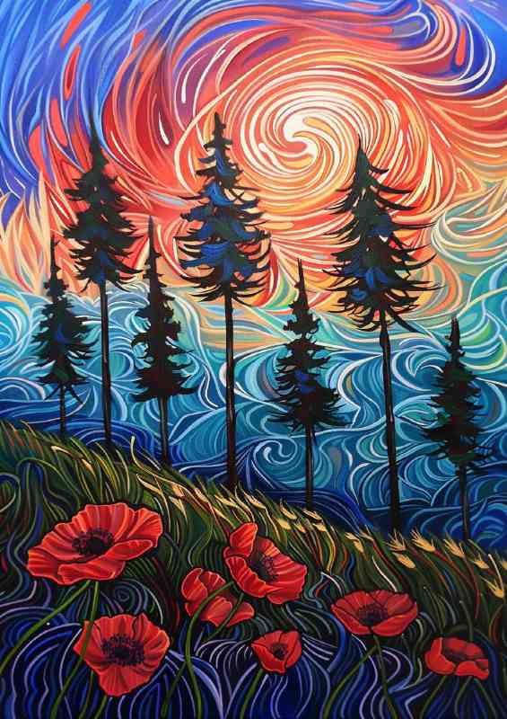Field of trees at sunset swirling sky with red flowers | Canvas
