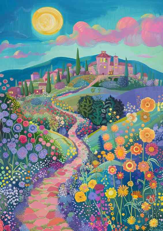 Flower fields with sweeping long stone path | Poster