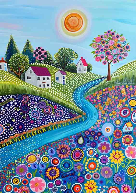 Flowing stream and circled flowers | Canvas