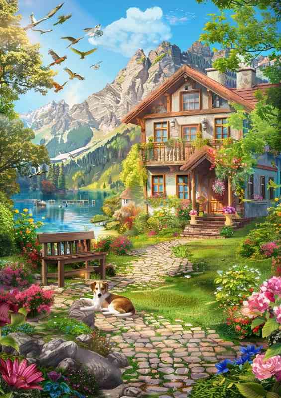 House in the mountains with birds flying | Di-Bond