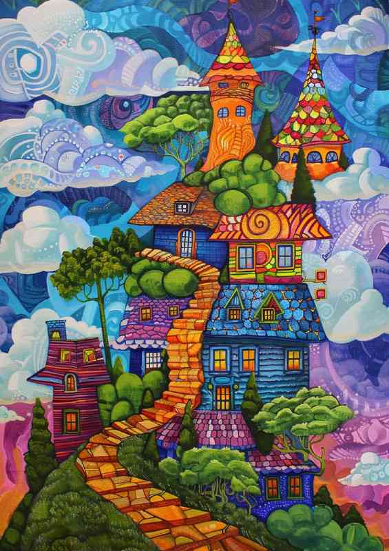 Houses stacked stairway to sky | Metal Poster