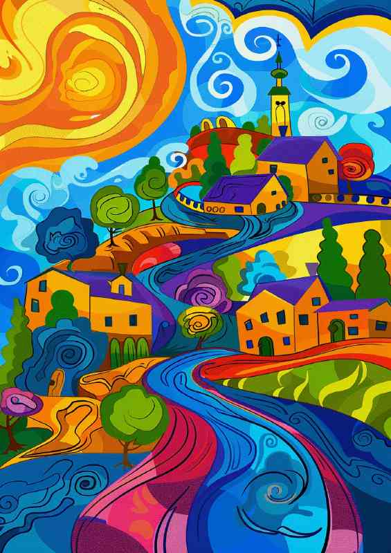 Life in the country village swirling sun | Poster