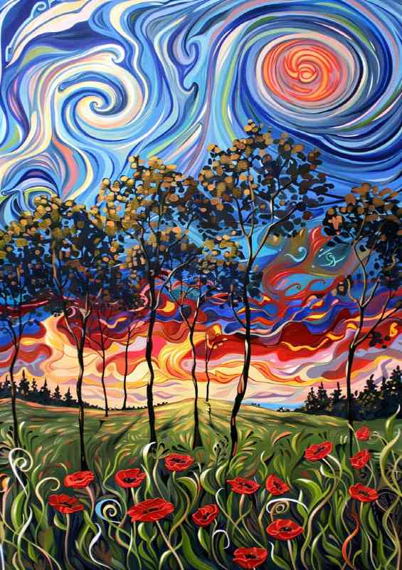 Liquid swirls in the poppy field | Metal Poster