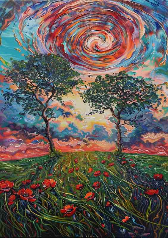 Liquid swirls of poppy field and trees | Canvas
