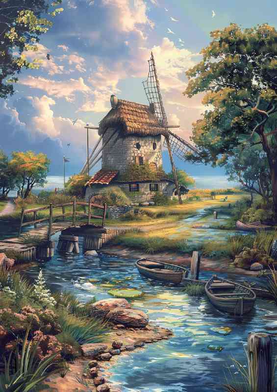 Old windmil by the stream with boat | Poster