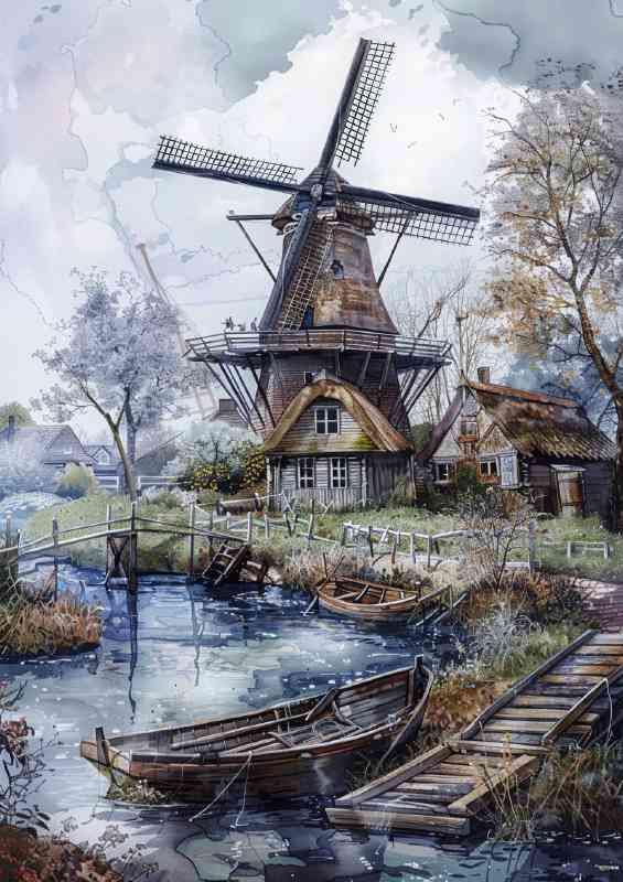 Old windmill by the river boats | Canvas
