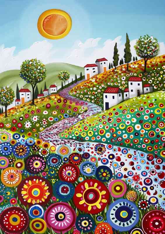 Painted landscape with circle flowers | Di-Bond