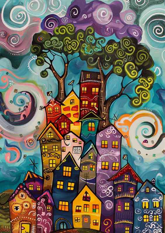 Painting houses stacked to the sky surreal | Metal Poster