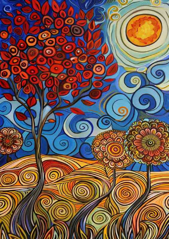 Painting os swirly hay bails and tall trees | Poster