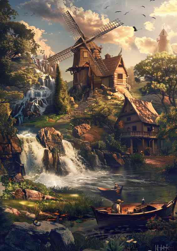 River boat and the old windmil | Canvas