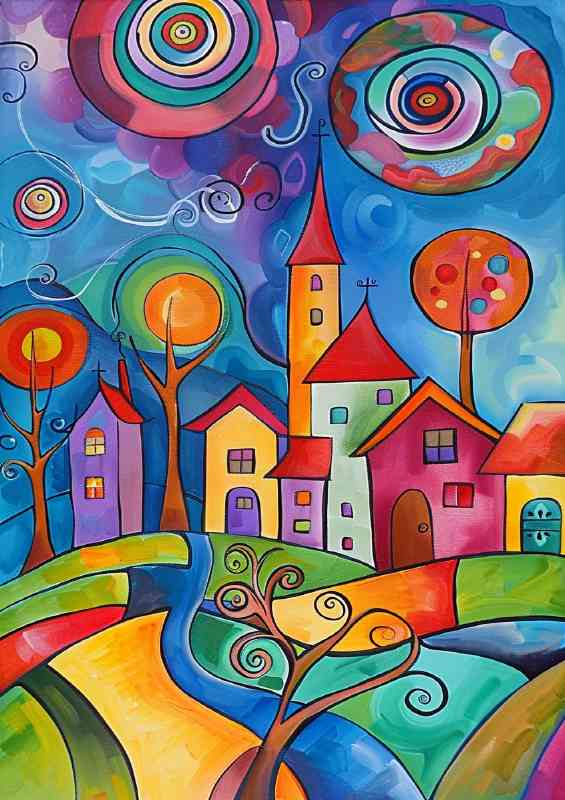 Swirls and circles in th sky colourful village | Canvas