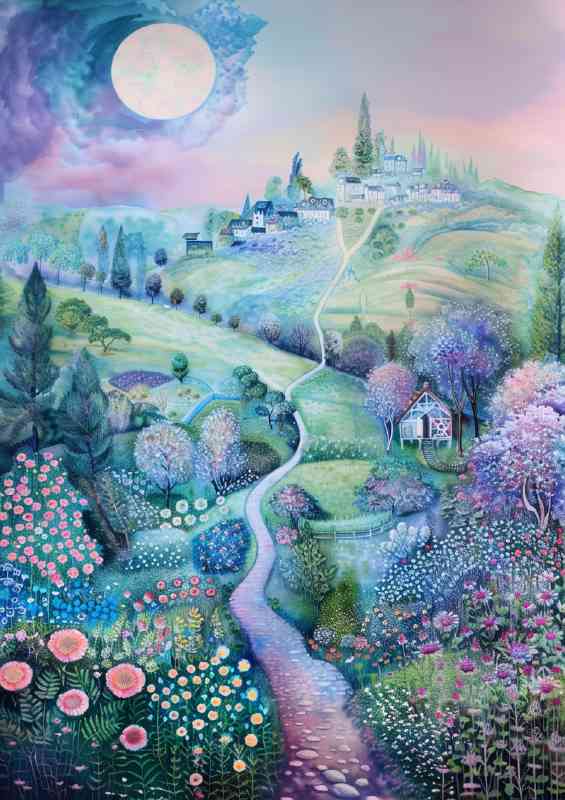 The painted flowery fields with sweeping long path | Canvas