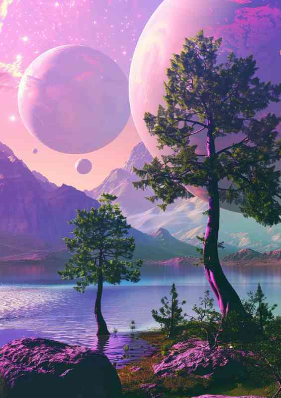 Alien planet landscape with giant trees lake mountains | Poster