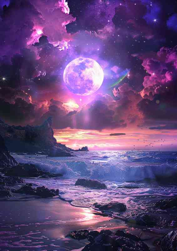 Colour moon reflecting over the sea | Metal Poster