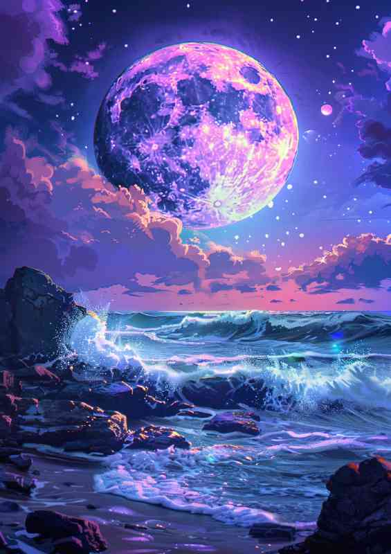 Crashing waves with purple full moon | Poster