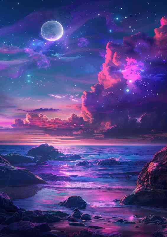 Night purple sky glowing moon over ocean | Poster