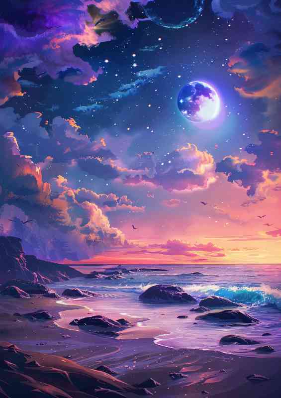 Night sky purple with moon and stars | Metal Poster