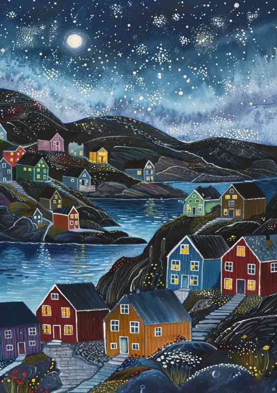 A painting of colorful Scandinavian houses by the sea | Poster