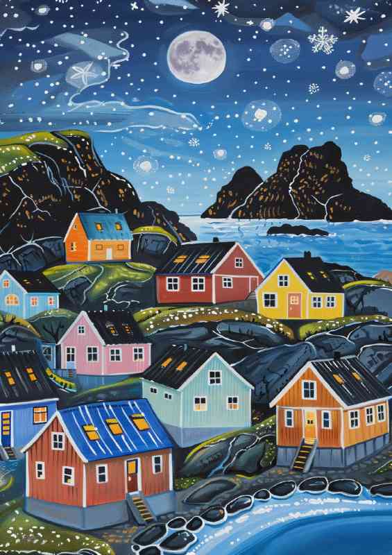 Colorful Scandinavian houses by the sea | Metal Poster