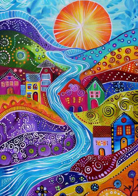 Whimsical fields with sweeping long stream | Canvas