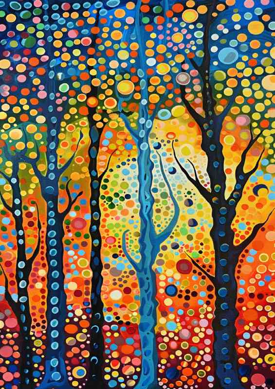 A painting of trees with circles and dots in the sky | Canvas