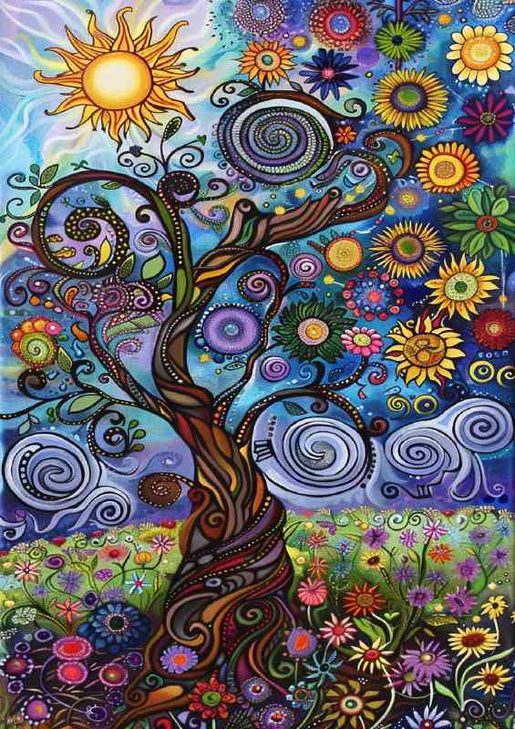 A whimsical tree with swirling branches sunflowers | Metal Poster