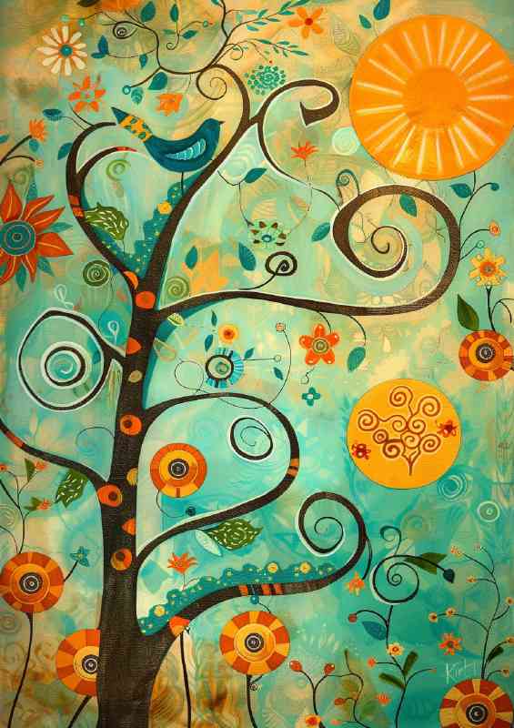 Abstract whimsical art birds in tree | Poster