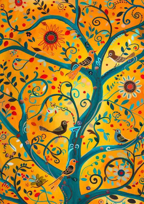 Abstract whimsical folk art birds in tree orange blue | Di-Bond
