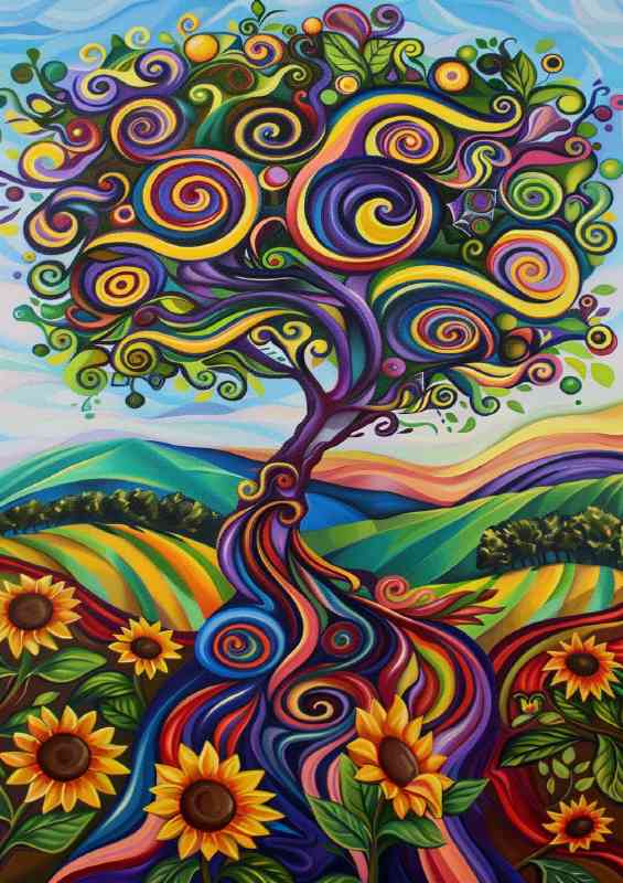 An enchanting tree sunflower field | Metal Poster
