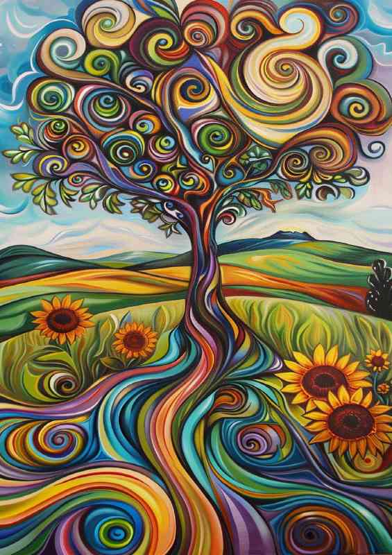 An enchanting tree with vibrant swirls and lines | Metal Poster