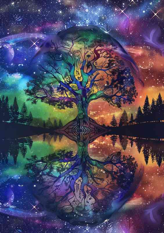 Colorful tree of life with reflection in a lake | Metal Poster