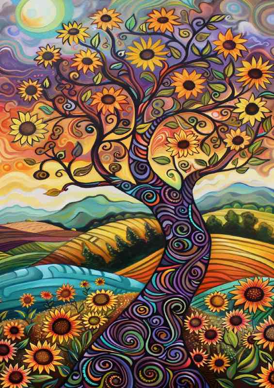 Enchanted tree on the hill with sunflowers | Poster