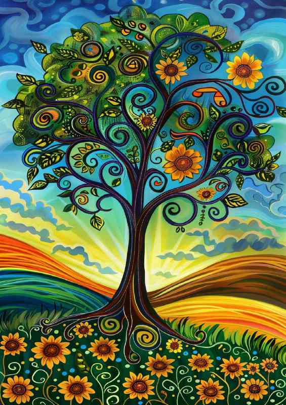 Enchanting sunflower tree in fields | Metal Poster