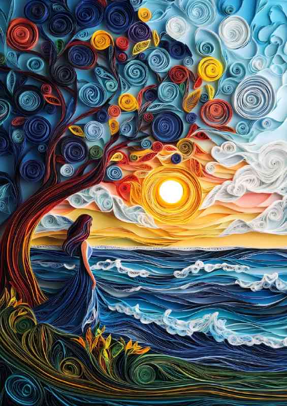 Lady standing under the tree with the sun | Metal Poster