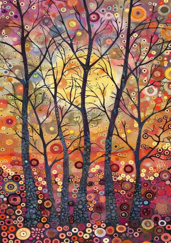 Painted forest trees with setting sun | Poster