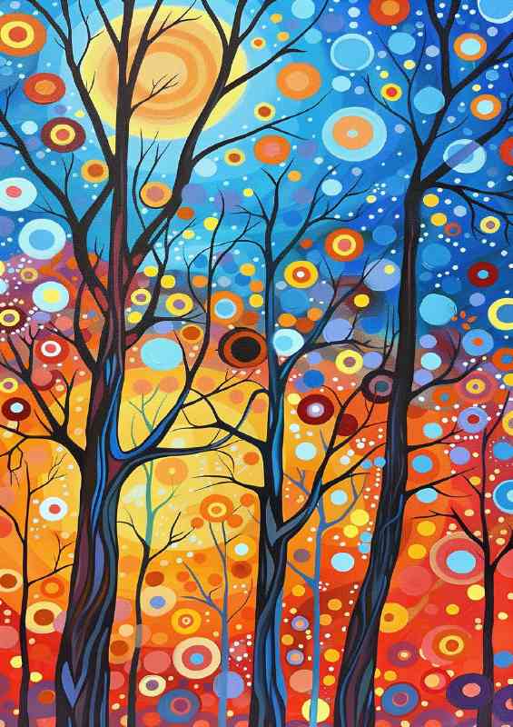 Painted trees with circles and dots in the blue sky | Canvas
