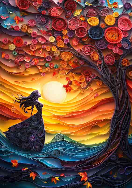 Paper lady and the colourful tree | Metal Poster