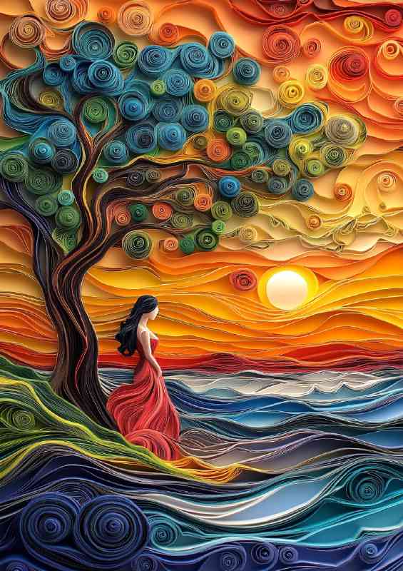 Paper landscape tree and sun | Metal Poster