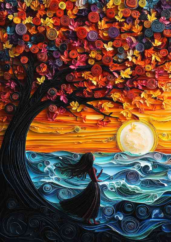 Paper swirling landscape tree and sea | Di-Bond