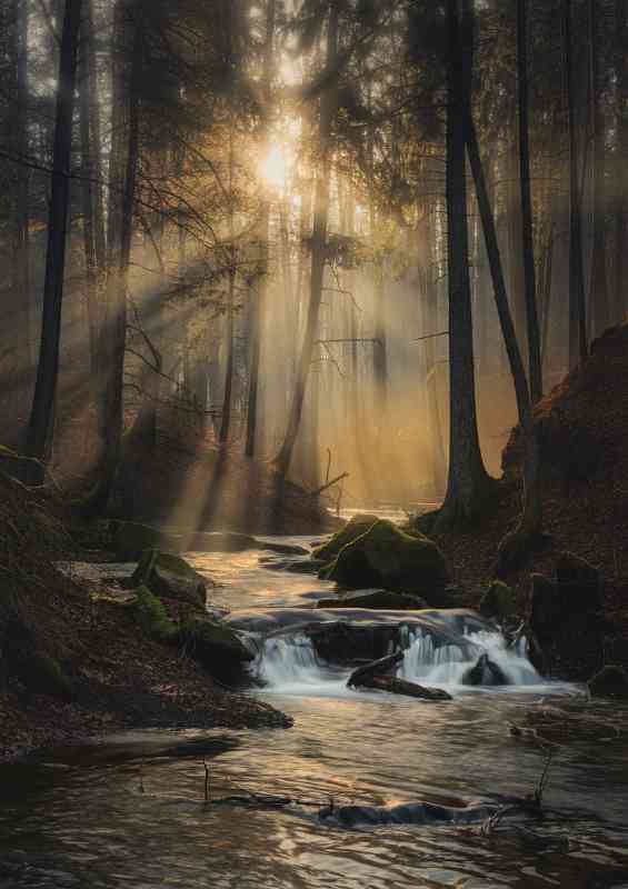 Serene forest scene river flowing | Poster