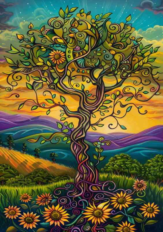 Sunflower fields and tree | Canvas