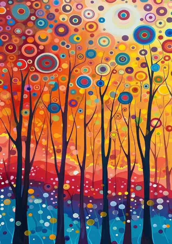 Surreal landscape of trees with colorful circles | Poster