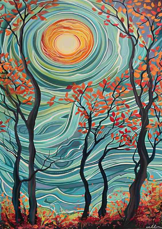Swirling leaves in autumn with sun | Di-Bond